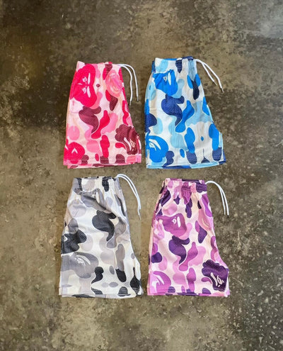 PURPLE CAMO MESH SHORTS